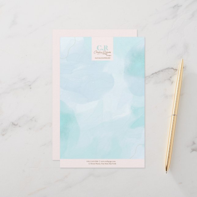 Papeterie Aquarelle Turquoise bleu moderne (Devant/Arrière en situation)