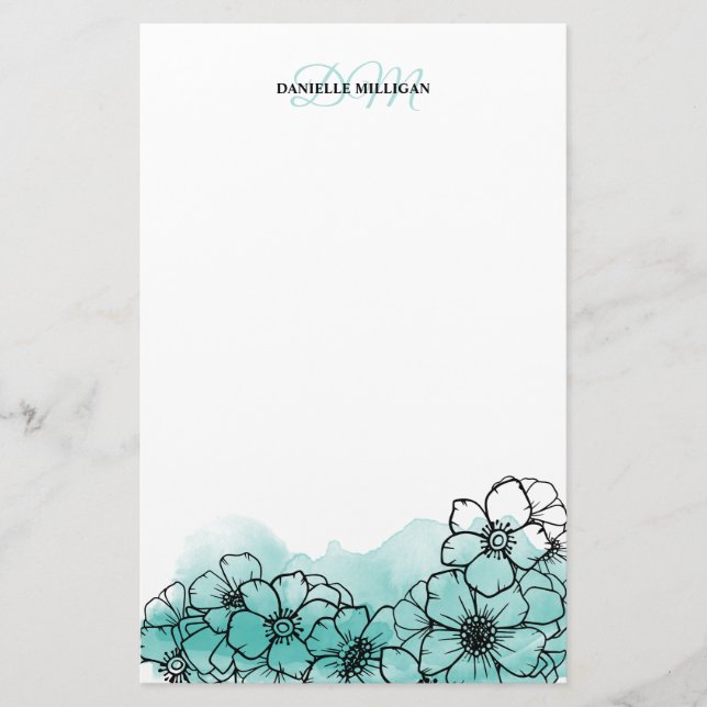 Papeterie Aquarelle turquoise Floral Line Art Name Monogramm (Devant)