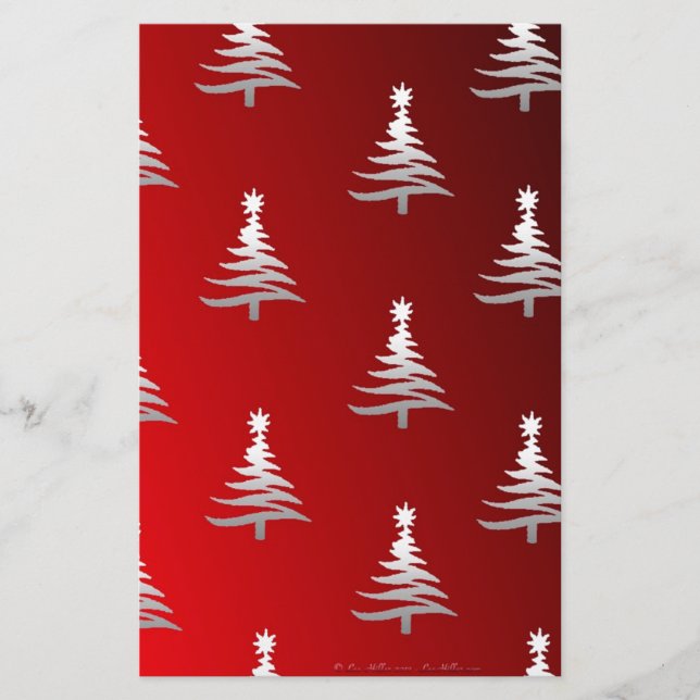 Papeterie Arbres de Noël en argent sur rouge (Devant)