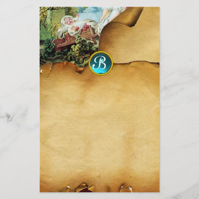 Papeterie BABY SHOWER COLORÉ Parchemin Bleu Gem Monogramme (Devant)