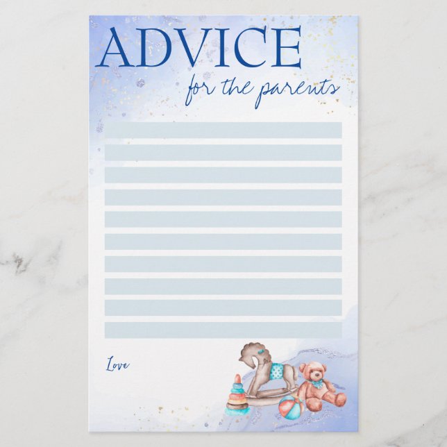 Papeterie Baby shower conseil pour les parents jeu bleu (Devant)