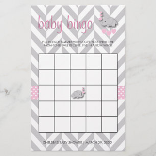Papeterie Baby shower d'éléphant rose et gris Bingo