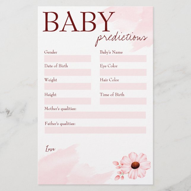 Papeterie Baby shower jeu de prédiction rose pour une petite (Devant)