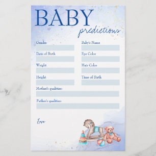 Papeterie Baby shower prédiction jeu bleu bébé garçon