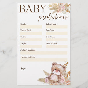 Papeterie Baby shower prédiction jeu ourson en peluche