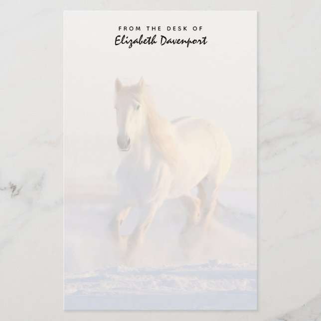 Papeterie Beau Cheval Blanc Galloping dans la neige (Devant)