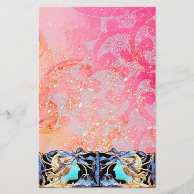 PAPETERIE BEAUTÉ ÉLÉGANTE/FEMME AVEC BOW BLEU, FLEURS EN ROS (Devant)