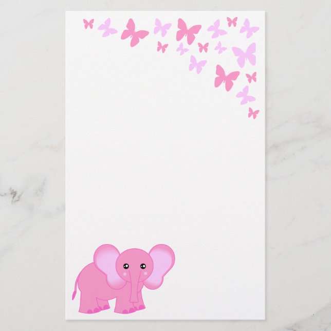 Papeterie Bébé Rose Cute Elephant Et Papillons Papier (Devant)