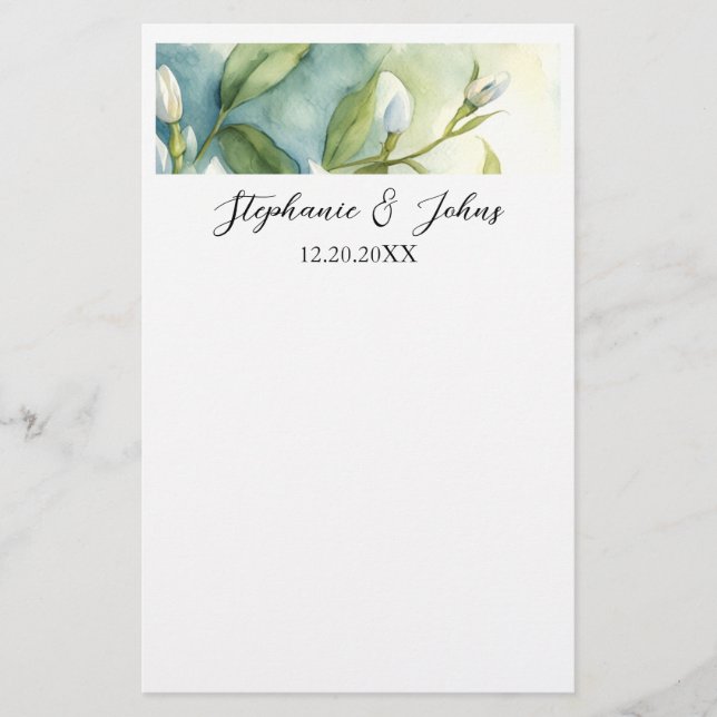 Papeterie Blanc Floral Vert Feuilles Élégant Mariage rustiqu (Devant)
