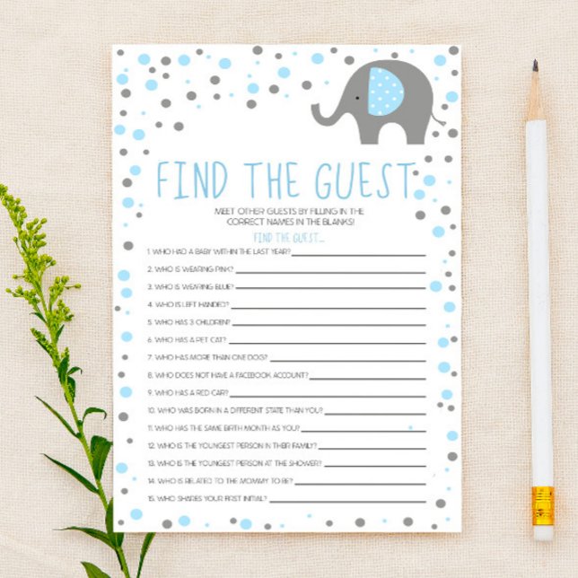 Papeterie Blue Elephant Trouver Baby shower invité Jeu (Créateur téléchargé)