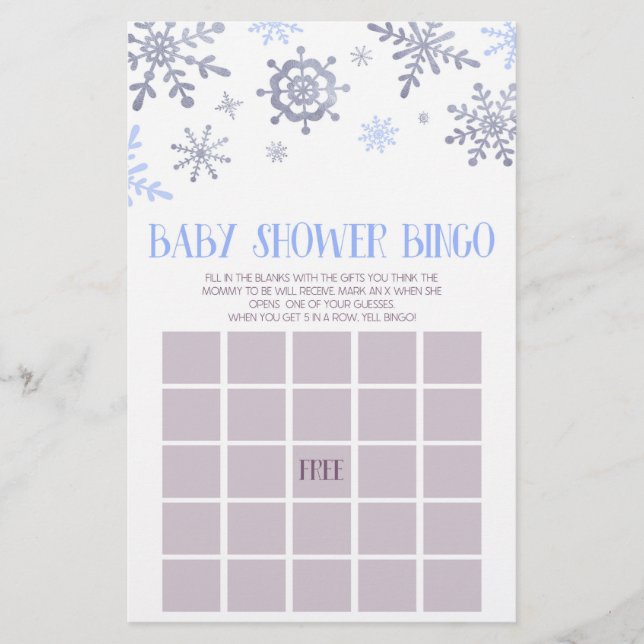 Papeterie Blue Snowflake Hiver Bingo Baby shower Jeu (Devant)