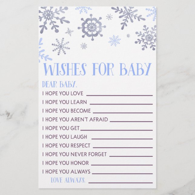 Papeterie Blue Snowflake souhaite une activité Baby shower (Devant)