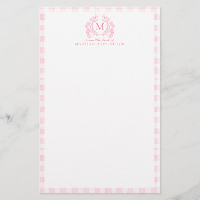 Papeterie Blush Pink Gingham Floral Crest Monogram (Devant)
