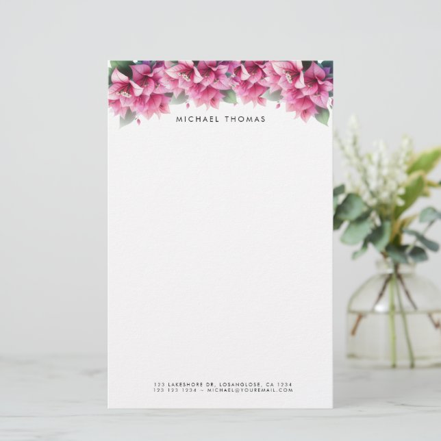 Papeterie Bougainvilliers d'aquarelle violet personnalisé (Debout devant)