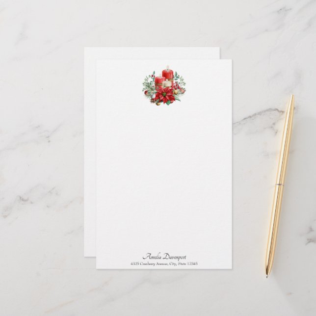 Papeterie Bougies aquarelles et Noël de Poinsettia (Devant/Arrière en situation)