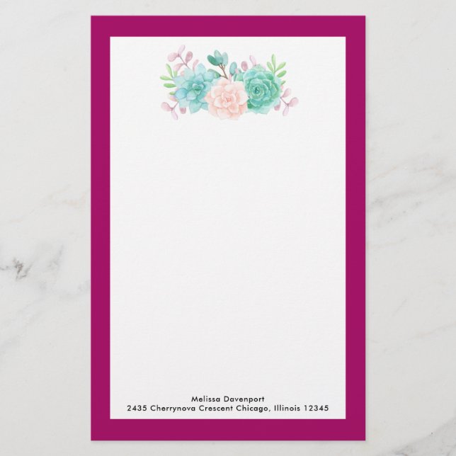 Papeterie Bouquet de fleurs rose et vert Pastel sur Magenta  (Devant)