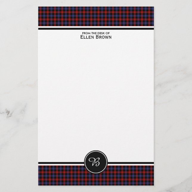 Papeterie Brown Famille Tartan Rouge et bleu Plaid Monogramm (Devant)