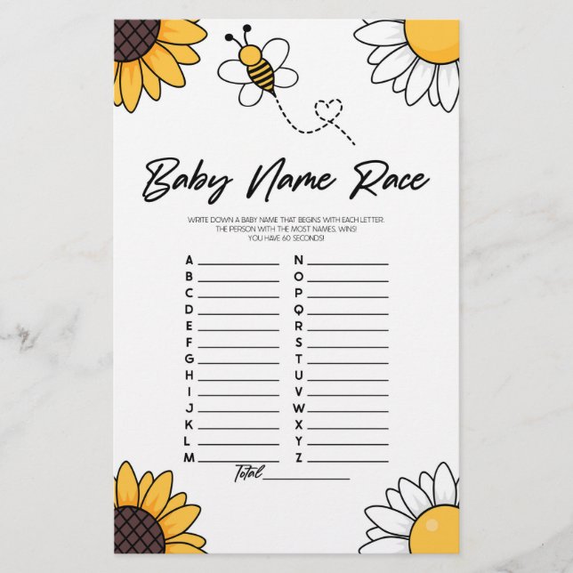 Papeterie Bumble Bee Nom Course Baby shower Activité de jeu (Devant)