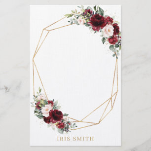 Papeterie Burgundy Blush Rose Floral Gold Note géométrique