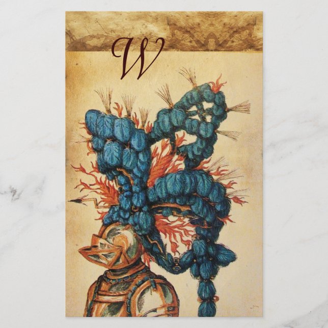 PAPETERIE CASQUE DE CHEVALIER ANTIQUE AUX FEUILLES BLEU ROUG (Devant)
