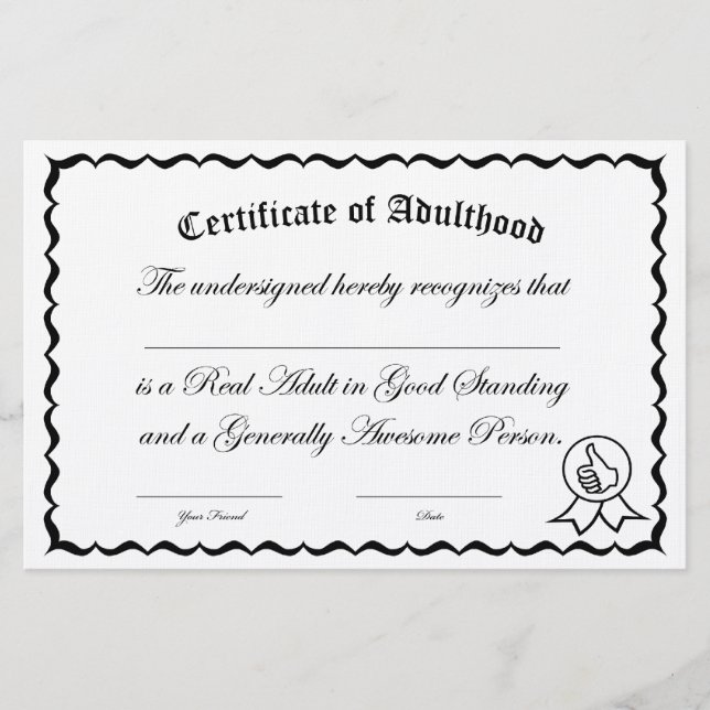 Papeterie Certificat d'âge adulte (Devant)