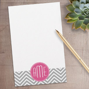 Papeterie Chevrons gris et rose avec Monogramme personnalisé