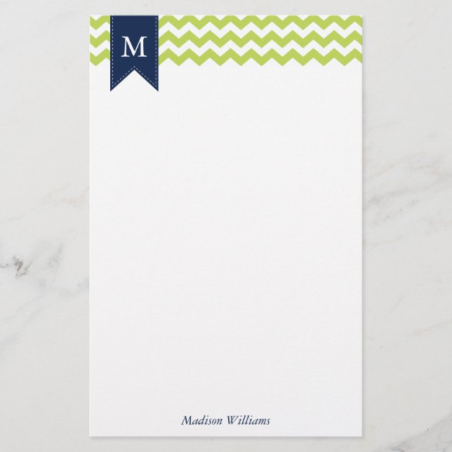 Papeterie Chevrons verts Kiwi et Monogramme bleu (Devant)