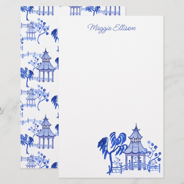 Papeterie Chinoiserie Aquarelle Pagode Bleue (Devant / Derrière)
