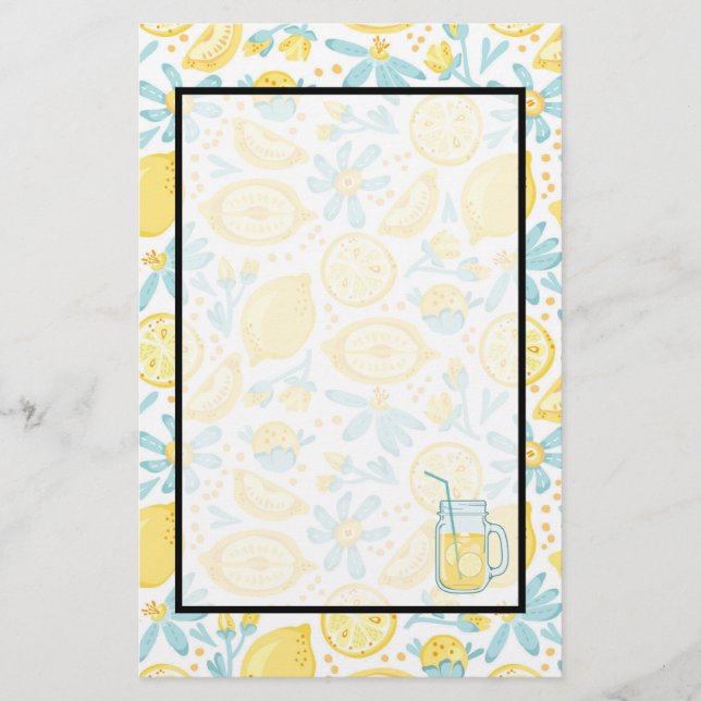 Papeterie Citrons jaunes & Fleurs bleues pastel & pot de cit (Devant)