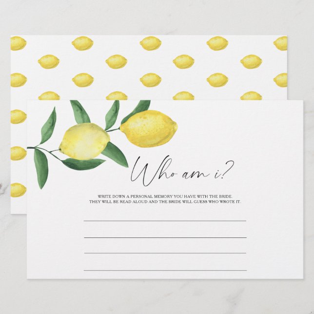 Papeterie Citrus citron - Qui suis-je jeu de douche nuptiale (Devant / Derrière)