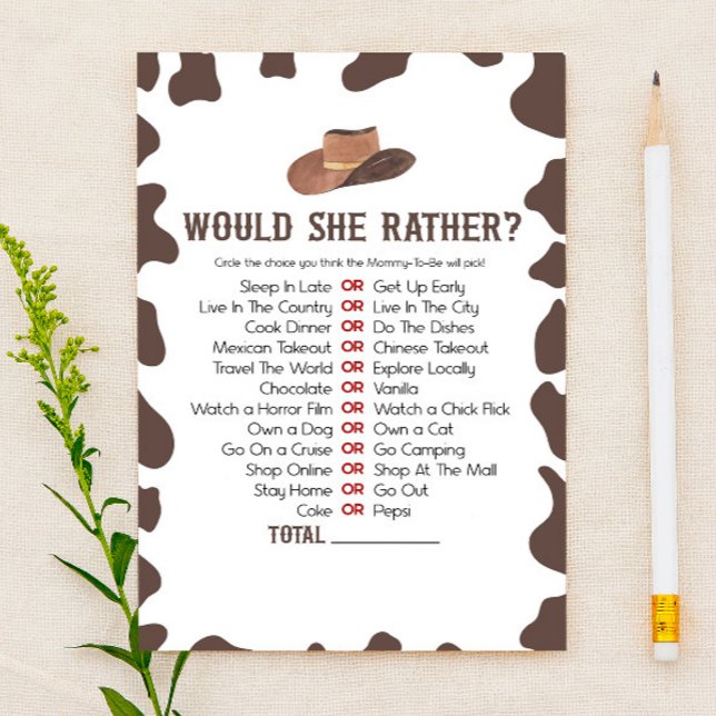 Papeterie Cowboy Rodeo Voudrait-Elle Plutôt Baby shower Jeu (Créateur téléchargé)