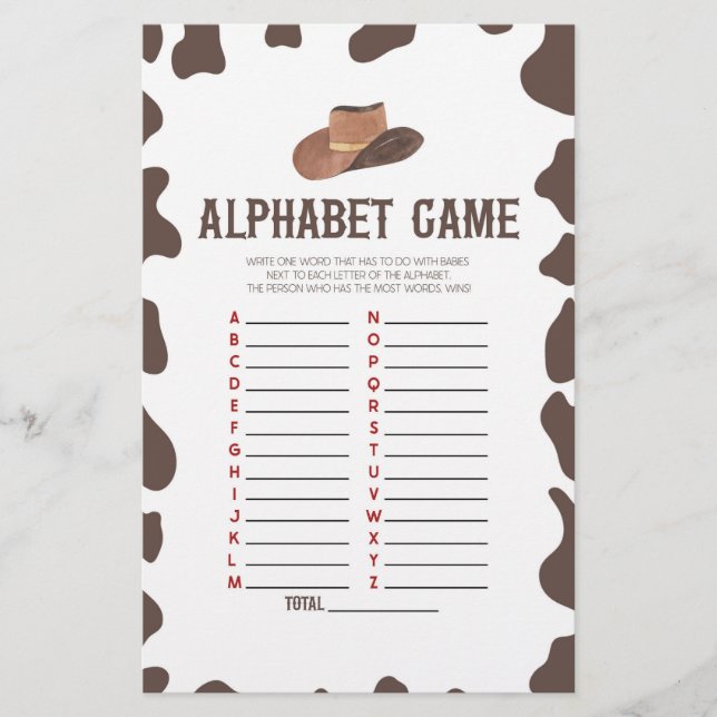 Papeterie Cowboy Rodeo Western Alphabet Baby shower Jeu (Devant)
