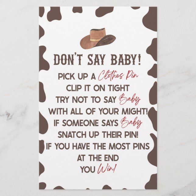 Papeterie Cowboy Rodeo Western ne pas dire Baby shower jeu (Devant)