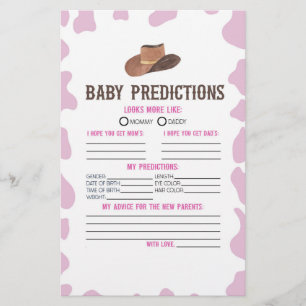 Papeterie Cowgirl Rodeo Baby shower Prédictions Activité