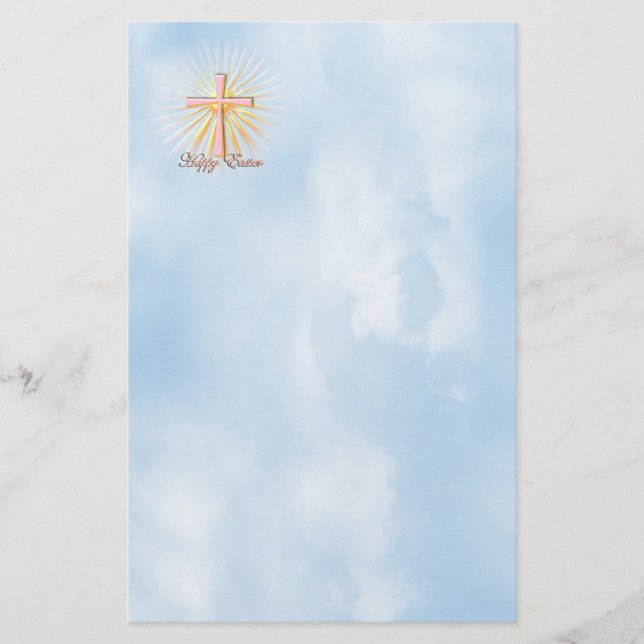 Papeterie Croix rose sur les nuages avec un bon texte de Pâq (Devant)