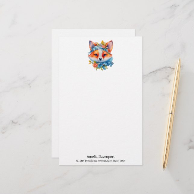 Papeterie Cute Renard orange avec Couronne florale (Devant/Arrière en situation)