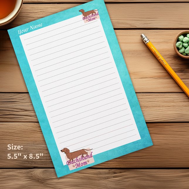 Papeterie Dachshund Votre Nom Maman Bordure Turquoise Papete (Dachshund Your Name Mom Teal Edge Lined Stationery which can be Personalized)