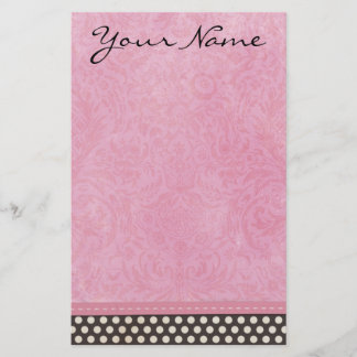 Papeterie Damassé rose personnalisée avec le point de polka