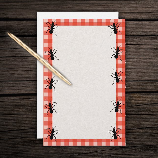 Papeterie Déplaisant Crawants Nappes Plaid (Marching black ants around red and white tablecloth plaid border on white writing stationery.)