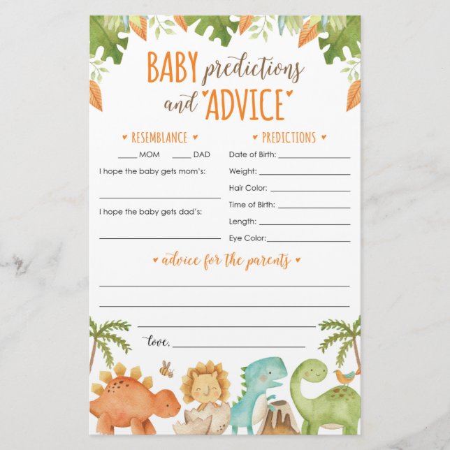 Papeterie Dinosaur Baby Predictions and Advice Card (Devant)