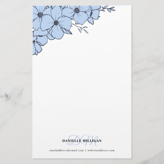 Papeterie Dove Blue Flowers Nom Monogram Website (Devant)