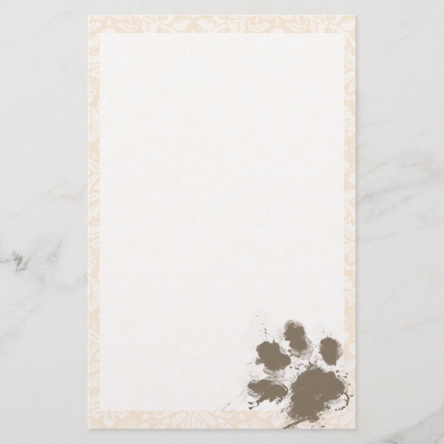 Papeterie Drôle Empreinte de patte sur Antique White Damask (Devant)