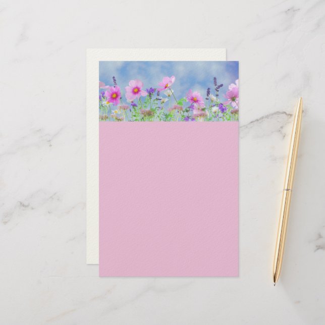 Papeterie Écrits Stationnaires De Flore Rose Et Bleu (Devant/Arrière en situation)