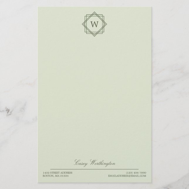 Papeterie Élégant Monogramme et nom vert d'olive géométrique (Devant)