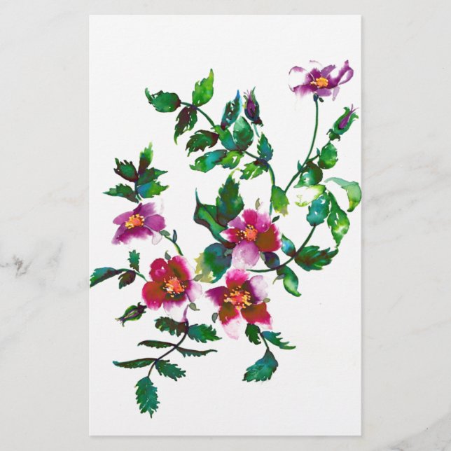Papeterie Elégante aquarelle moderne fleur sauvage rose fonc (Devant)