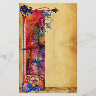 PAPETERIE EXCALIBUR .ANTIQUE ROUGE BLEU FLORAL PARCHEMENT