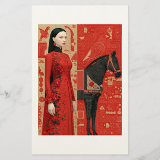 Papeterie Femme en robe rouge fleurie & cheval noir