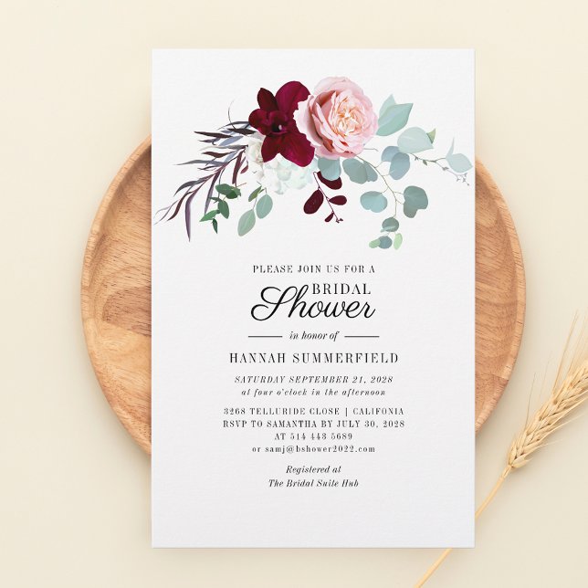 Papeterie Fête des mariées florale rose Eucalyptus (Modern Floral and Eucalyptus Script Bridal Shower Invitation)