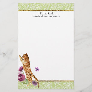 Papeterie Feuilles blanches vertes Chat orange Fleurs violet