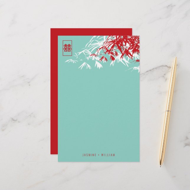 Papeterie Feuilles en bambou + Mariage double Xi bleu papete (Devant/Arrière en situation)